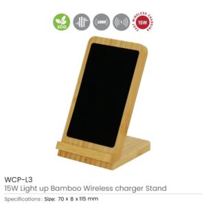 Bamboo Fast Wireless Charger Stand 15W with LED Logo - Image 3